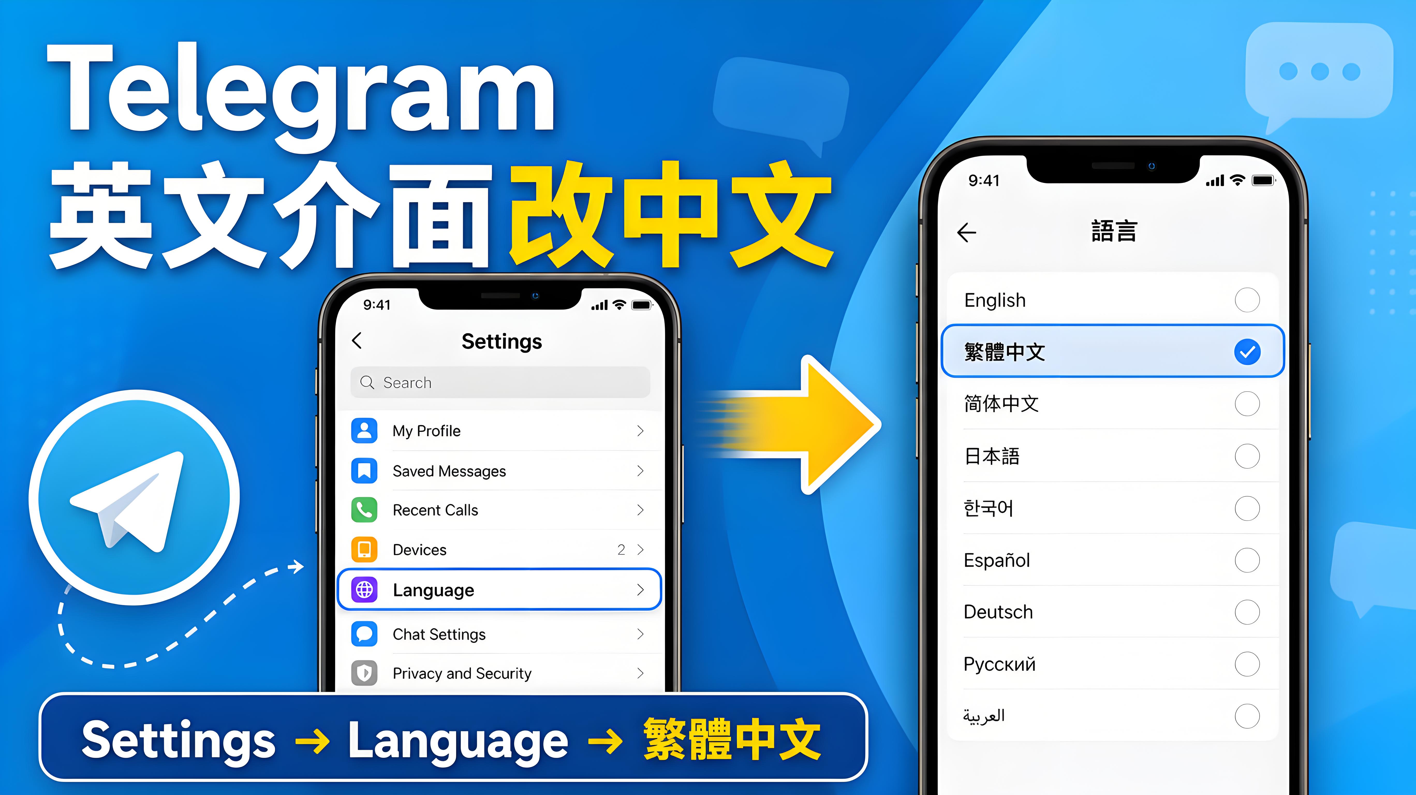 Telegram 英文介面如何變更成中文？